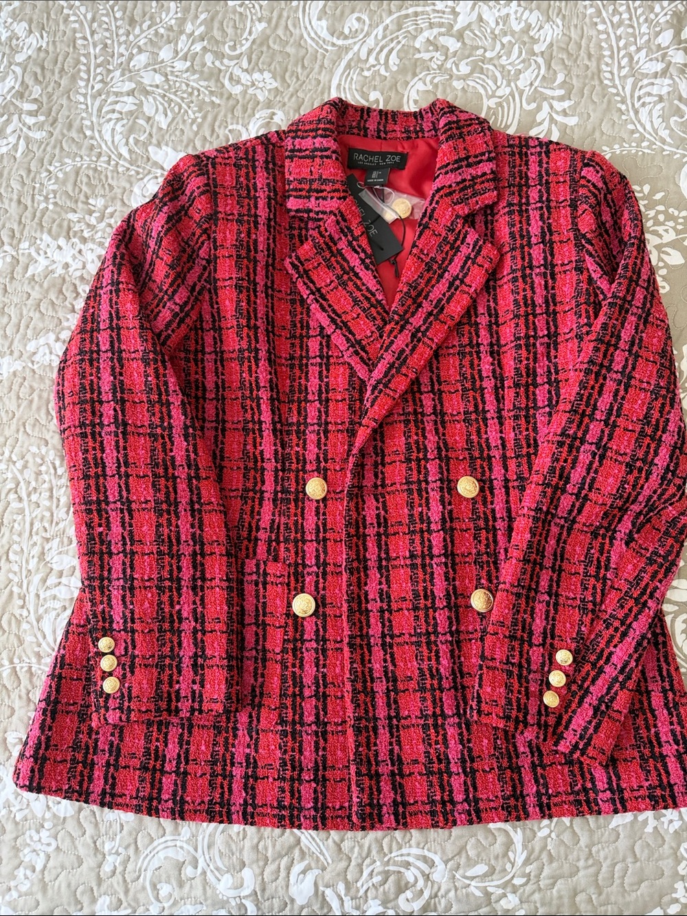 Rachel Zoe Pink and Black Plaid Double-Breasted Bouclé Blazer - Picture 2 of 4